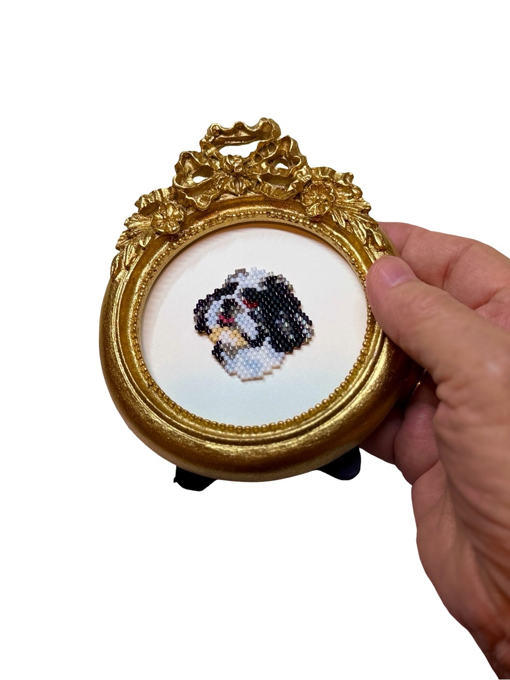 Beaded Shih Tzu Dog Mini Portrait in Gold Frame - Picture 3 of 6